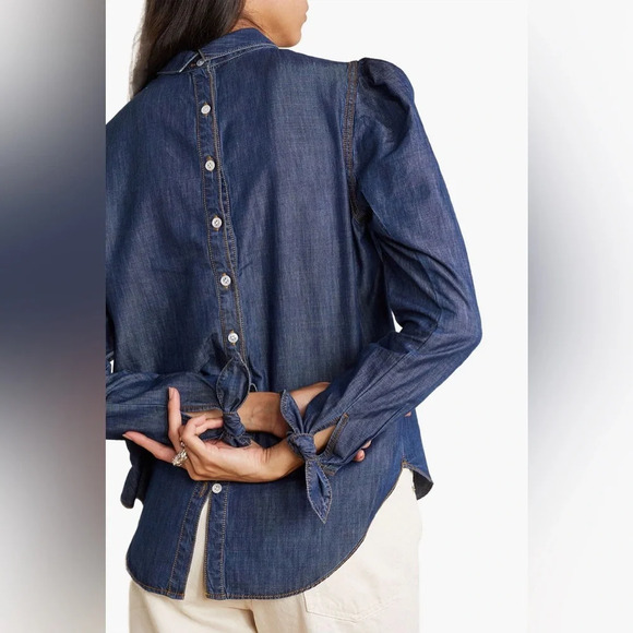 Veronica Beard Isabel Chambray Puff Sleeve Button Back Blouse Blue Women’s 10 - Picture 2 of 6